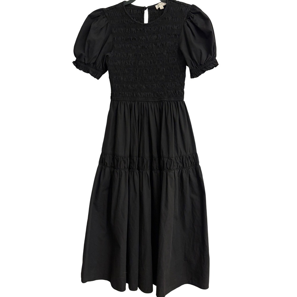 ODDI Women Black Smocked Puff Sleeve Cotton Long Dress Size Small Peasant Goth